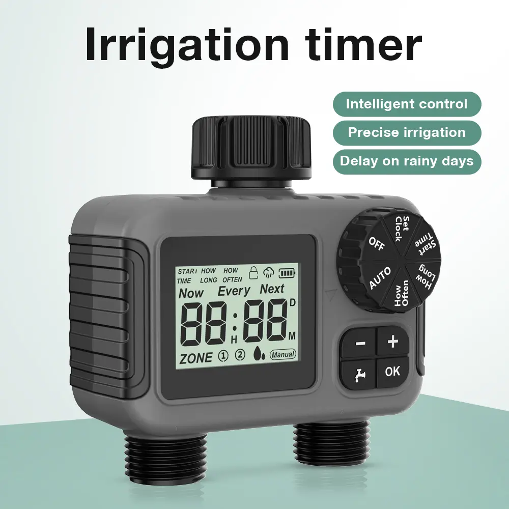 2-Outlet Garden Water Timer Auto/Manual Drip Irrigation Controller with Rain Delay IPX5 Waterproof Timing Sprinkler System