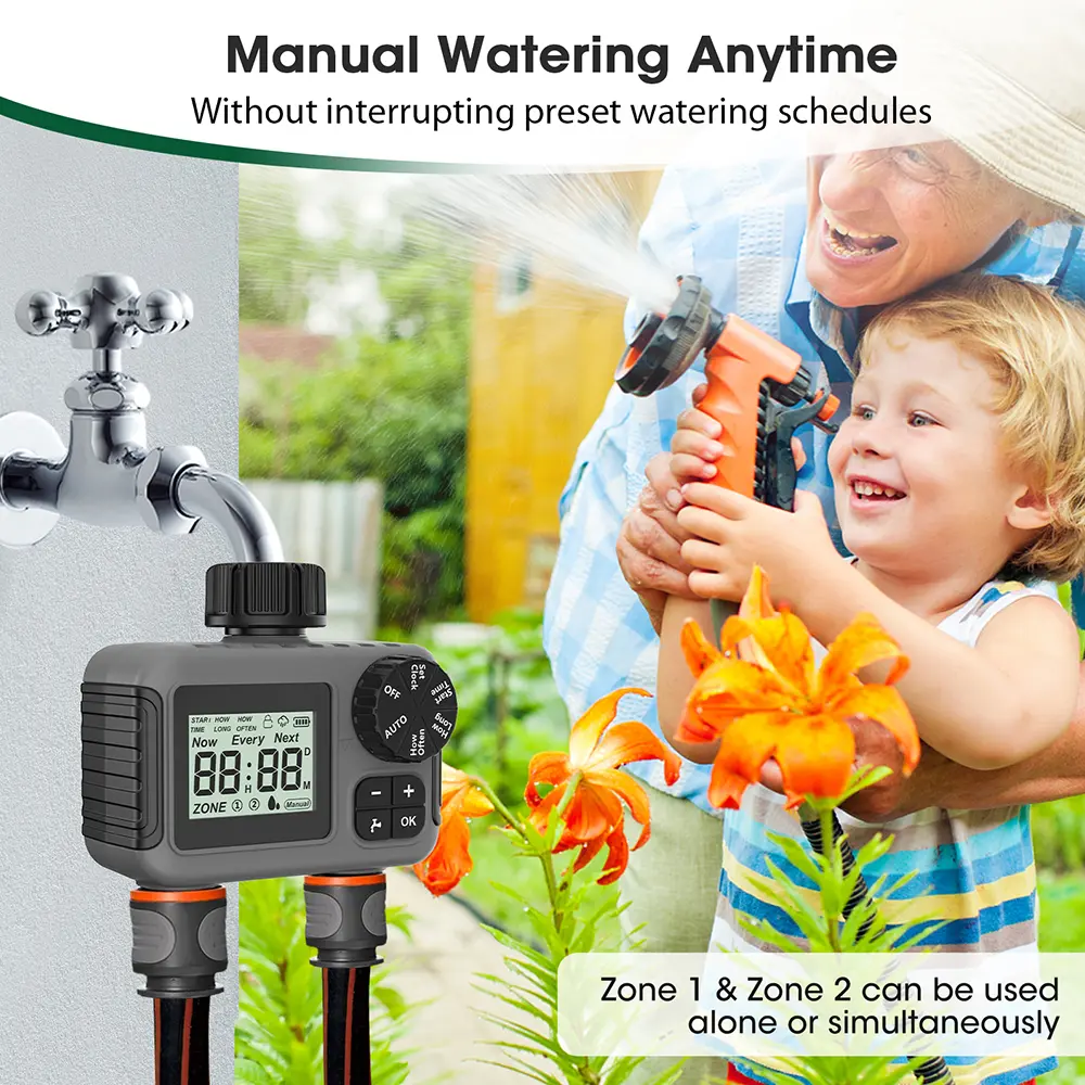 2-Outlet Garden Water Timer Auto/Manual Drip Irrigation Controller with Rain Delay IPX5 Waterproof Timing Sprinkler System