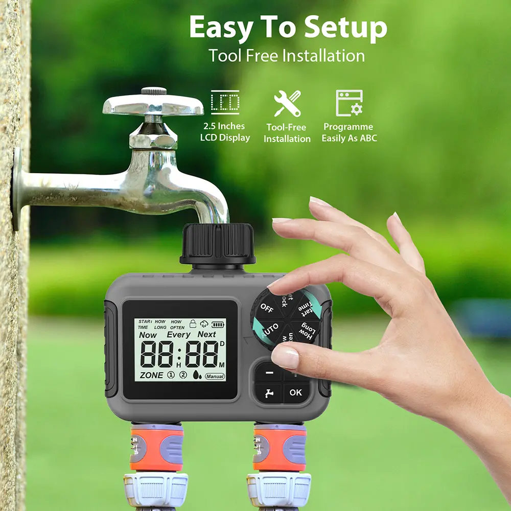 2-Outlet Garden Water Timer Auto/Manual Drip Irrigation Controller with Rain Delay IPX5 Waterproof Timing Sprinkler System