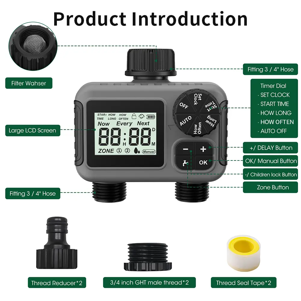 2-Outlet Garden Water Timer Auto/Manual Drip Irrigation Controller with Rain Delay IPX5 Waterproof Timing Sprinkler System