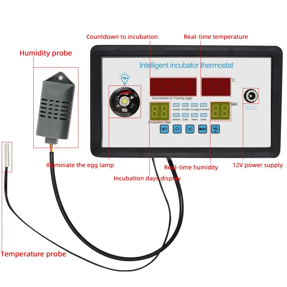 Intelligent Incubator Thermostat 12V Multi-Function Digital Display Temperature Humidity Controller Egg Incubator Control System