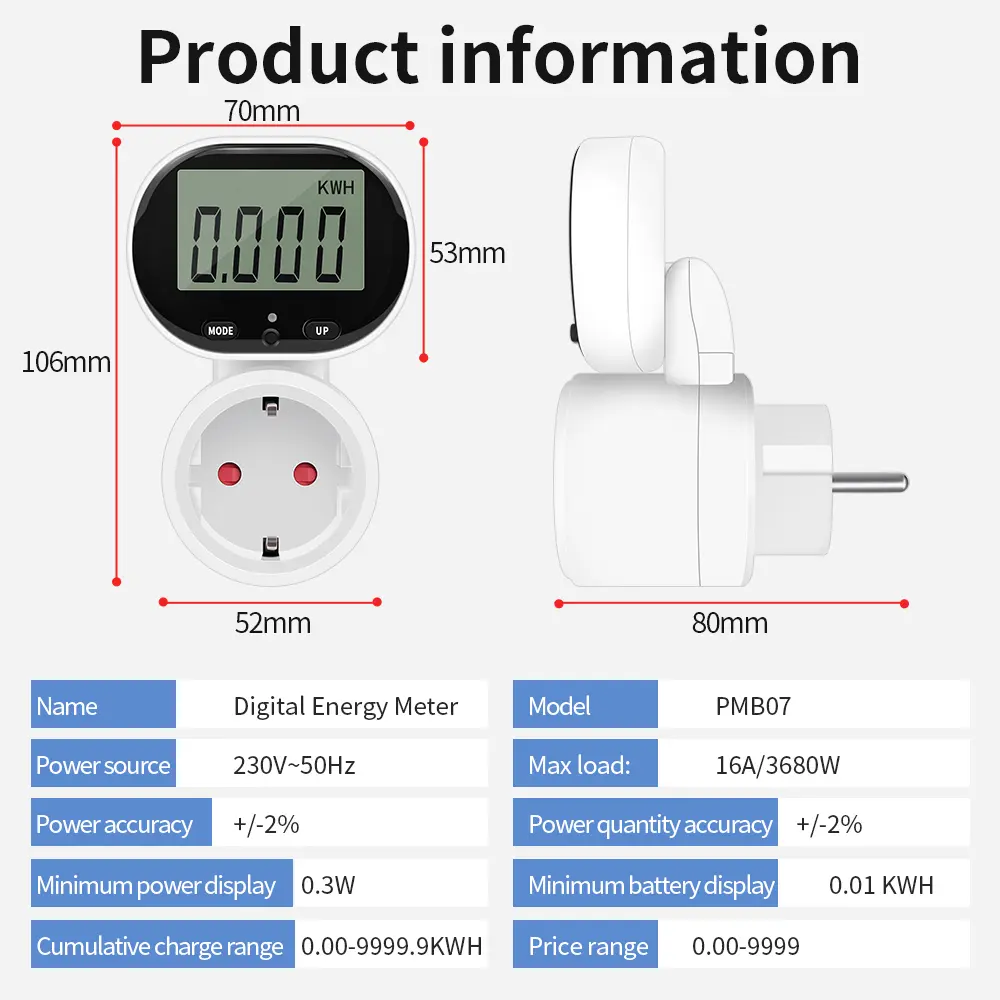 EU Digital LCD Energy Watt Meter Wattmeter Wattage Kwh Power Meter Electric Consumption Monitor Outlet Electricity Analyzer