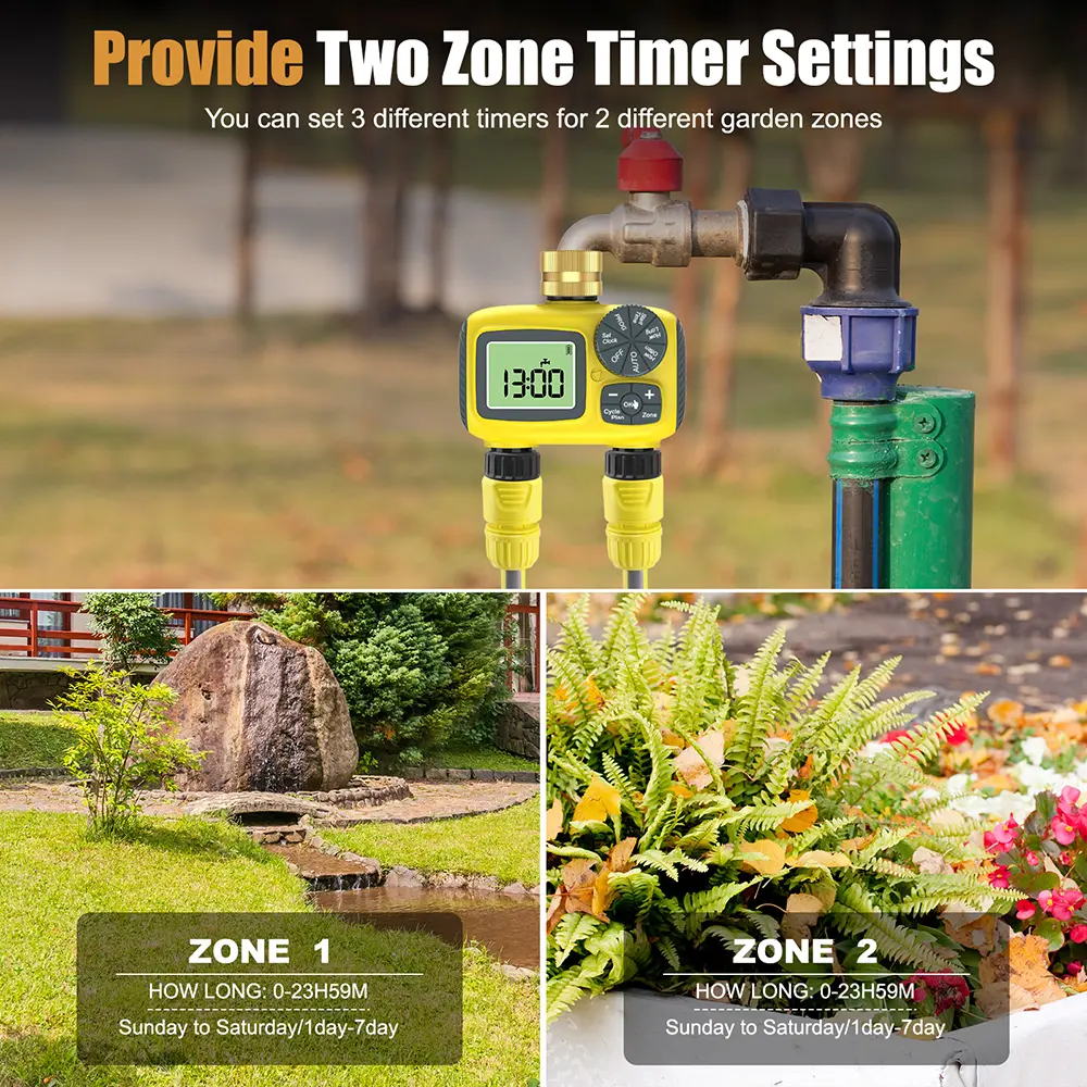 2/4 Zone Garden Water Timer Auto/Manual Drip Irrigation Controller with Rain Delay IPX5 Waterproof Programmable Sprinkler System