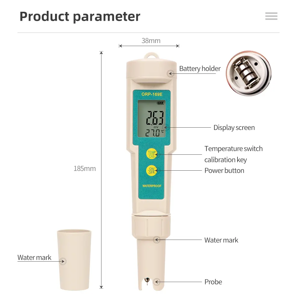 ORP169E ORP Tester Waterproof ORP Meter Oxidation-Reduction Monitor Water Quality Testing Pen 0~+/-1999mV for Pools Aquarium