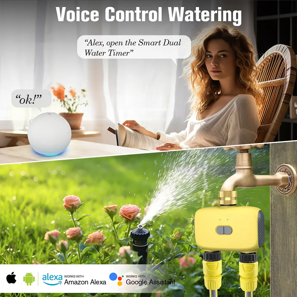 Automatic Water Timer with Gateway Dual Hose Garden Irrigation Watering System Rain Delay Sprinkler Programmer Support Alexa