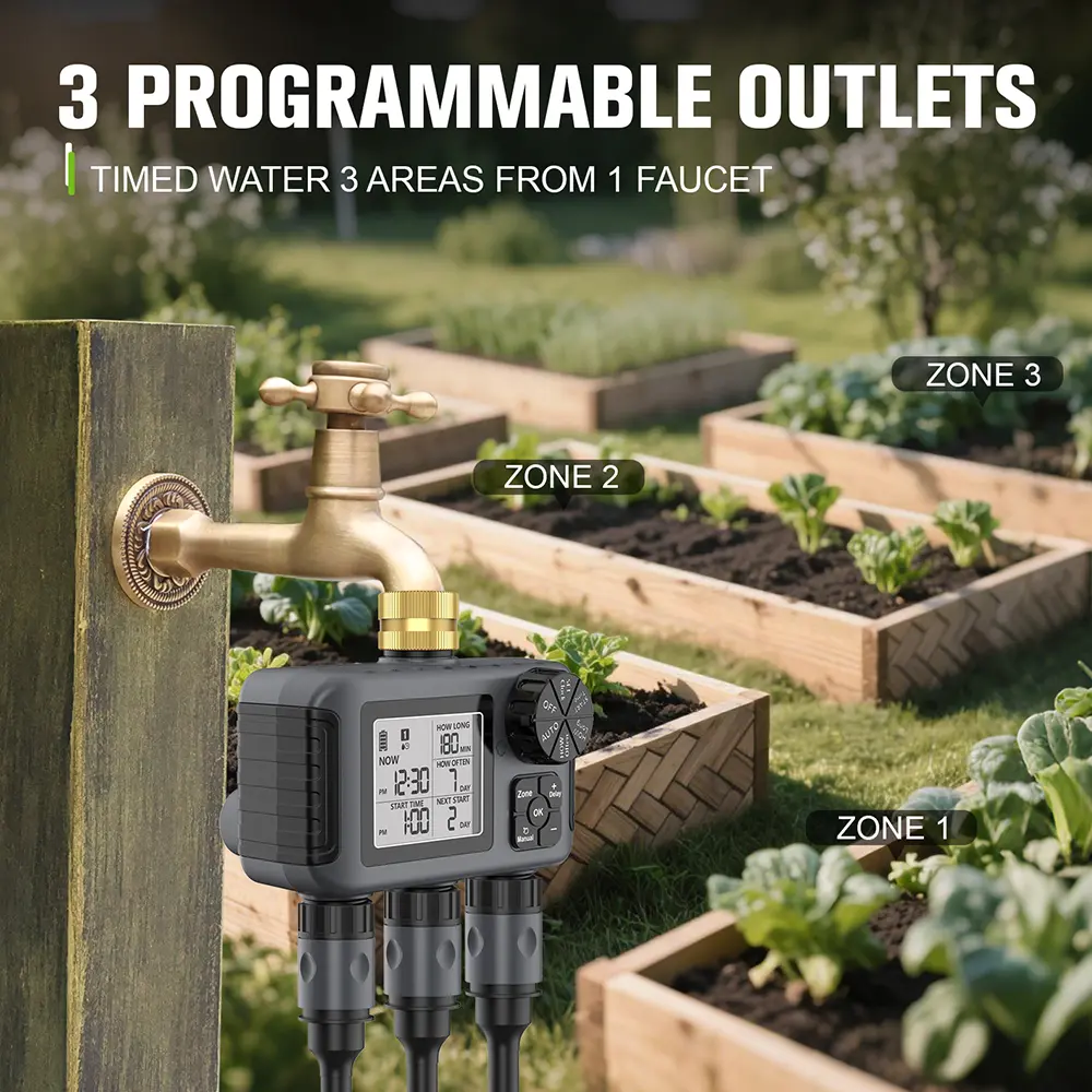 Garden Water Timer Irrigation System 3-Outlet Digital Garden Sprinkler Programmer Rain Delay Automatic Watering for Garden Lawn
