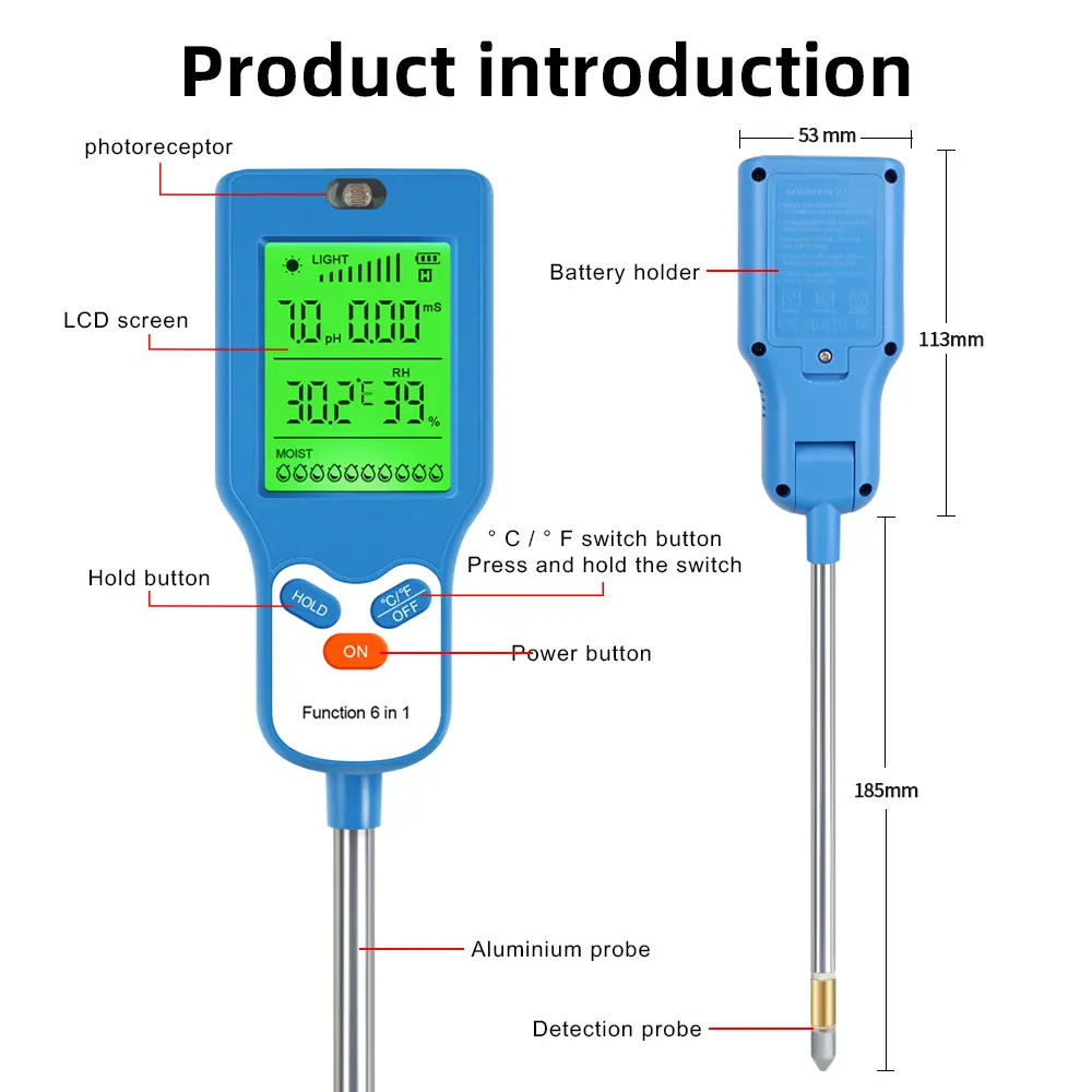 Multifunctional Digital Soil Tester 6 in 1 Soil PH Detector Moisture Fertility Temperature Humidity Light Meter for Garden Plant