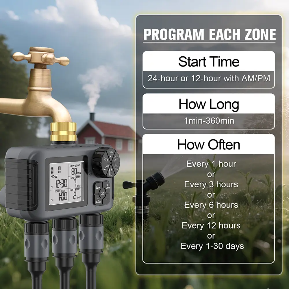 Garden Water Timer Irrigation System 3-Outlet Digital Garden Sprinkler Programmer Rain Delay Automatic Watering for Garden Lawn