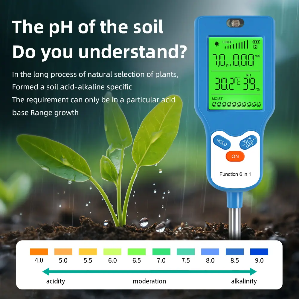 Multifunctional Digital Soil Tester 6 in 1 Soil PH Detector Moisture Fertility Temperature Humidity Light Meter for Garden Plant