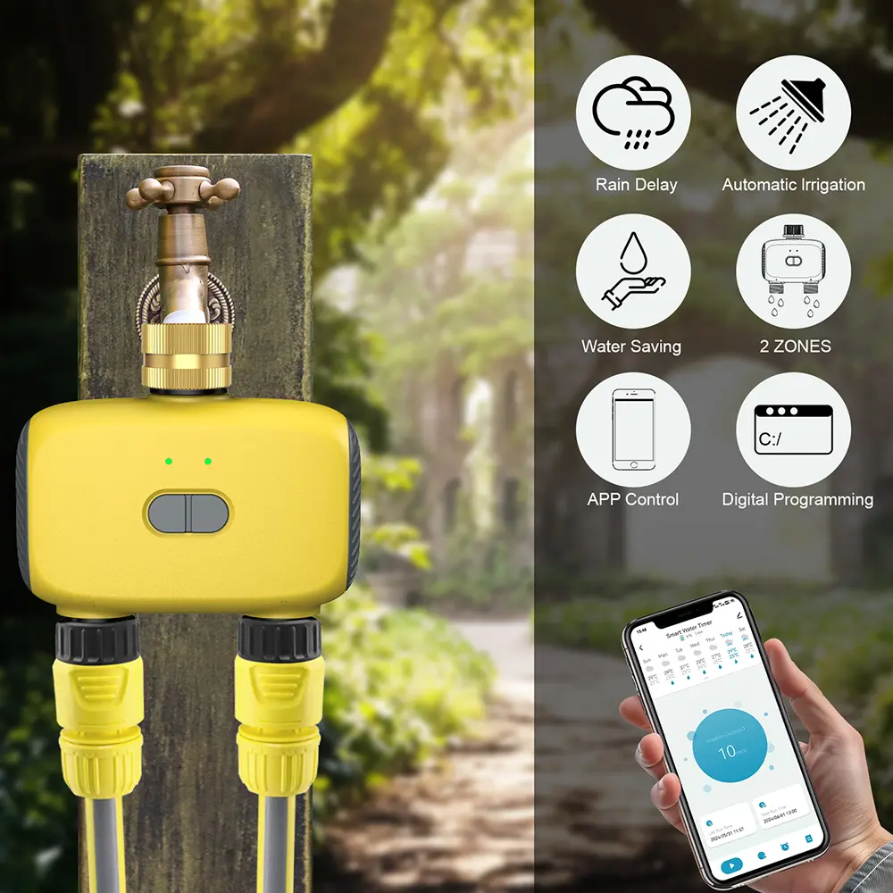 Automatic Water Timer with Gateway Dual Hose Garden Irrigation Watering System Rain Delay Sprinkler Programmer Support Alexa