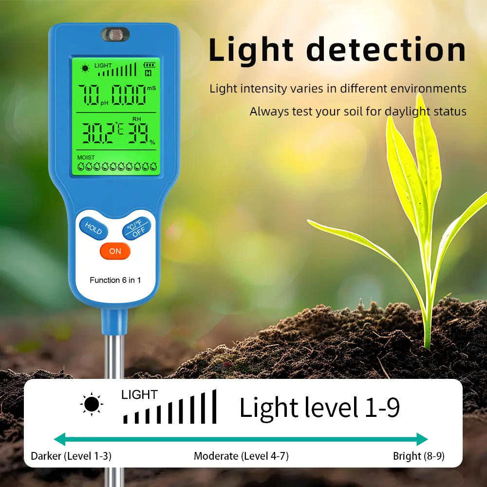 Multifunctional Digital Soil Tester 6 in 1 Soil PH Detector Moisture Fertility Temperature Humidity Light Meter for Garden Plant