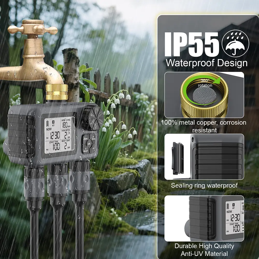 Garden Water Timer Irrigation System 3-Outlet Digital Garden Sprinkler Programmer Rain Delay Automatic Watering for Garden Lawn