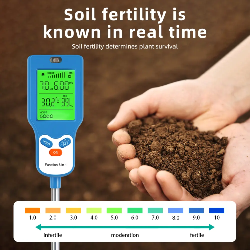 Multifunctional Digital Soil Tester 6 in 1 Soil PH Detector Moisture Fertility Temperature Humidity Light Meter for Garden Plant