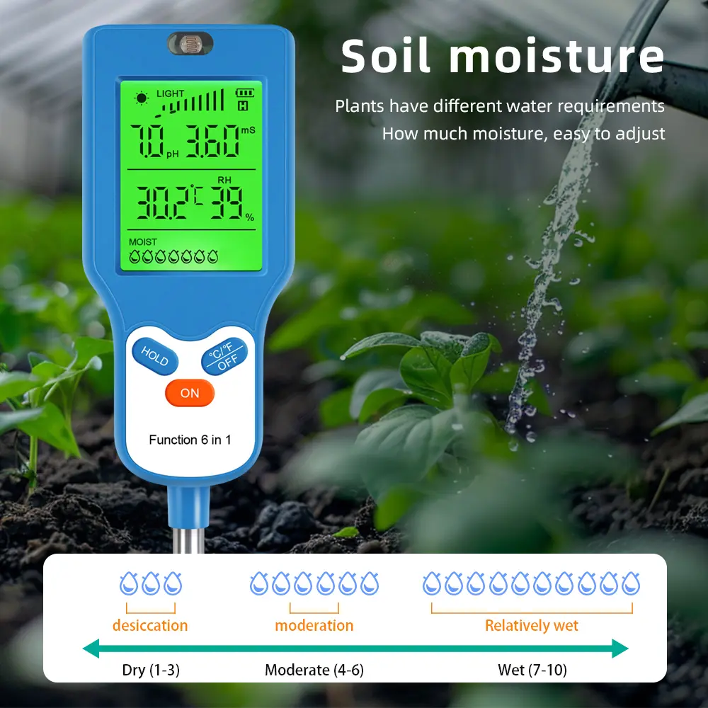 Multifunctional Digital Soil Tester 6 in 1 Soil PH Detector Moisture Fertility Temperature Humidity Light Meter for Garden Plant