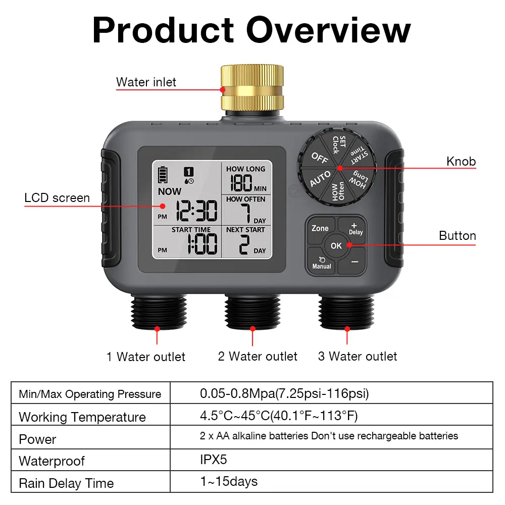 Garden Water Timer Irrigation System 3-Outlet Digital Garden Sprinkler Programmer Rain Delay Automatic Watering for Garden Lawn