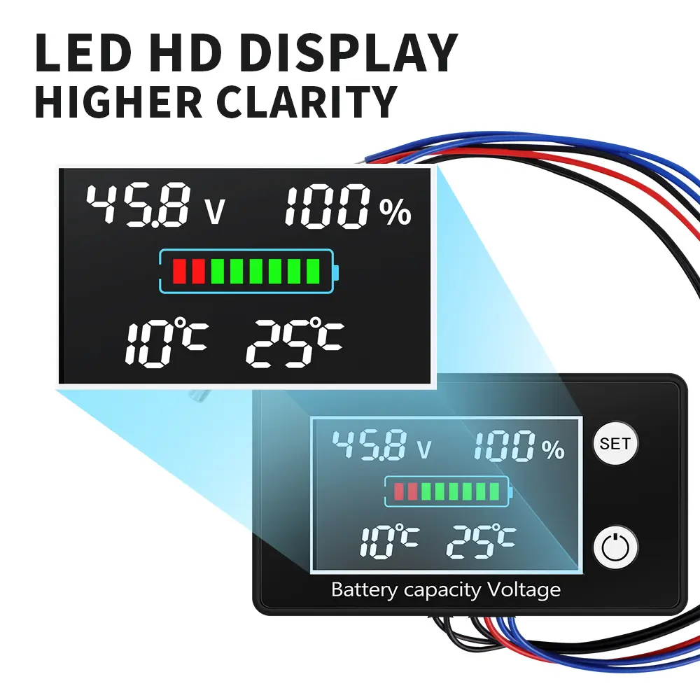 DC10-100V Battery Capacity Indicator Lead-acid Lithium LiFe PO4 Voltage Tester Battery Meter with Temperature Control Sensor