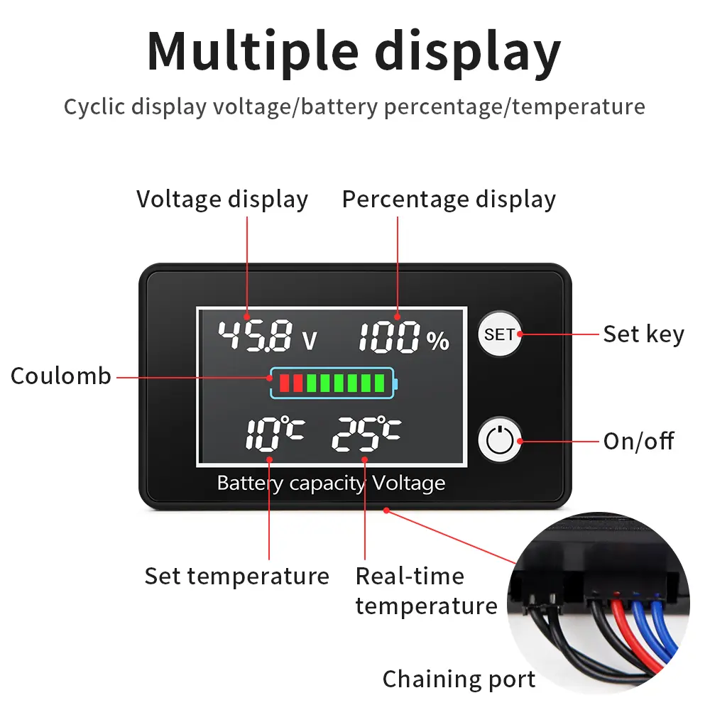 DC10-100V Battery Capacity Indicator Lead-acid Lithium LiFe PO4 Voltage Tester Battery Meter with Temperature Control Sensor