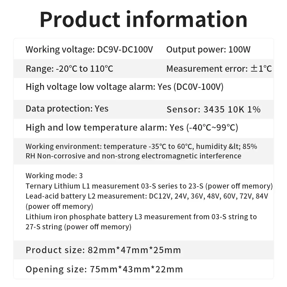 DC10-100V Battery Capacity Indicator Lead-acid Lithium LiFe PO4 Voltage Tester Battery Meter with Temperature Control Sensor
