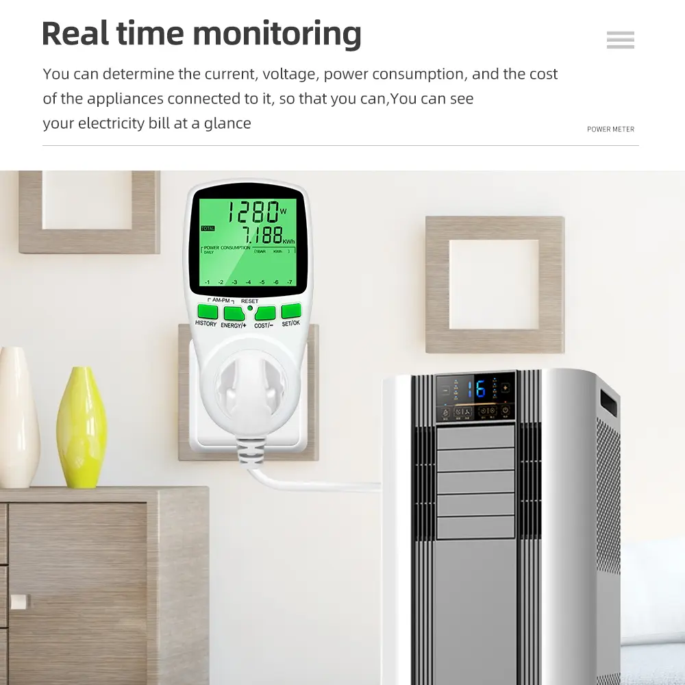 Digital LCD Energy Watt Meter Wattmeter Wattage Electricity Kwh Power Monitor Electric Meter Voltage Measuring Outlet Analyzer
