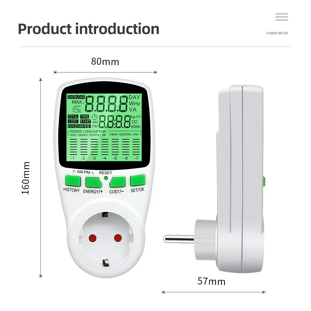 Digital LCD Energy Watt Meter Wattmeter Wattage Electricity Kwh Power Monitor Electric Meter Voltage Measuring Outlet Analyzer