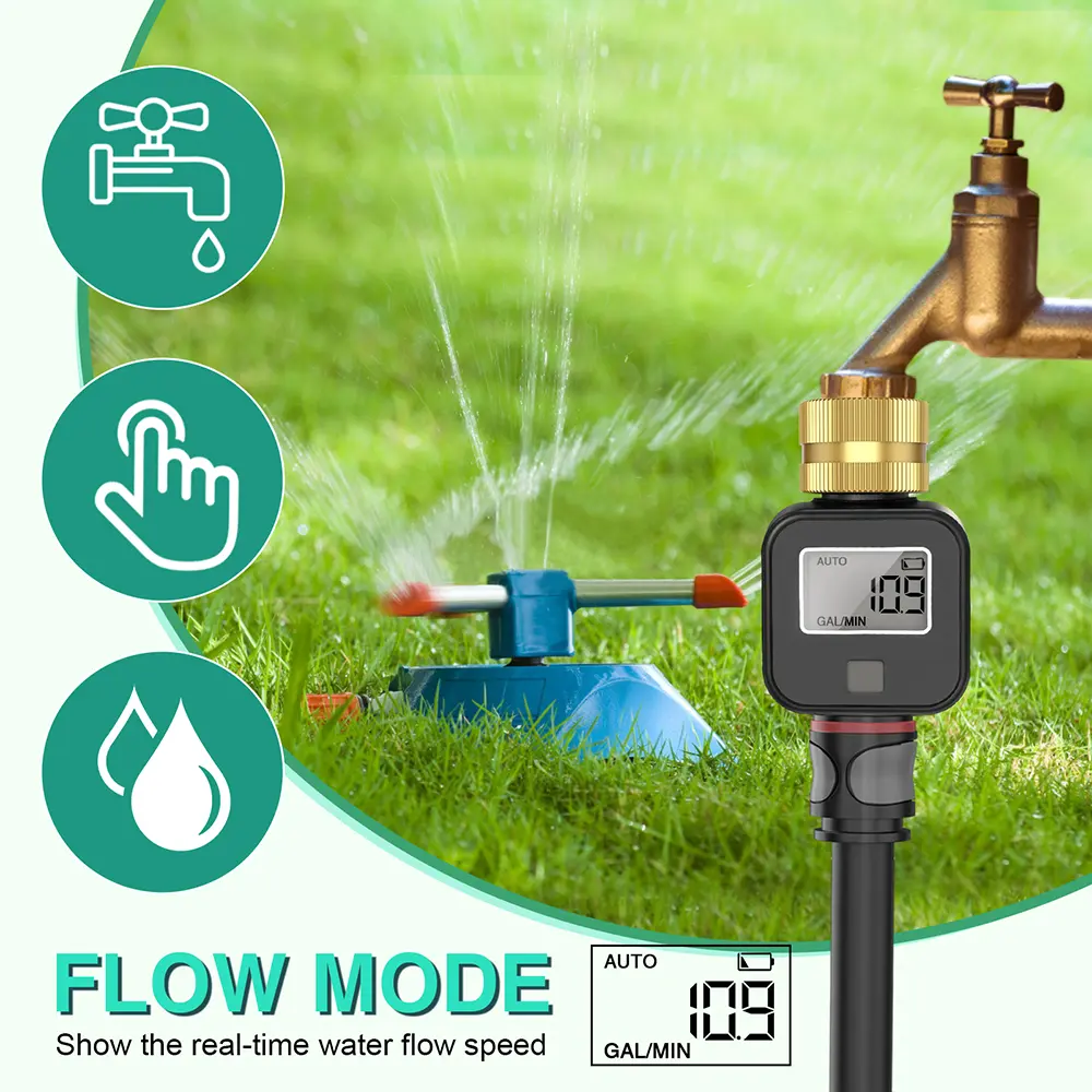 Digital Water Flow Meter Brass Inlet Outlet IPX5 Waterproof Water Consumption Test for Outdoor Garden Watering Irrigation Hose