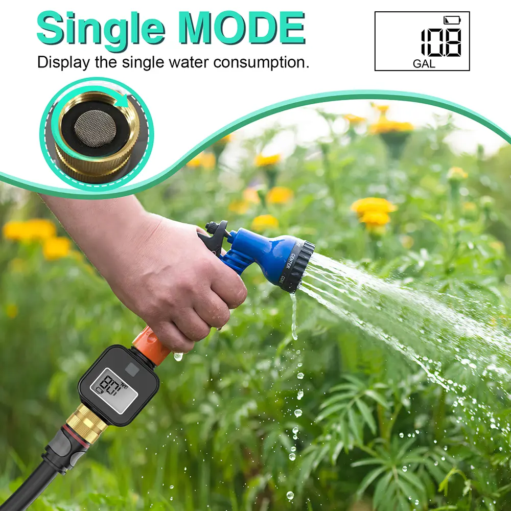 Digital Water Flow Meter Brass Inlet Outlet IPX5 Waterproof Water Consumption Test for Outdoor Garden Watering Irrigation Hose