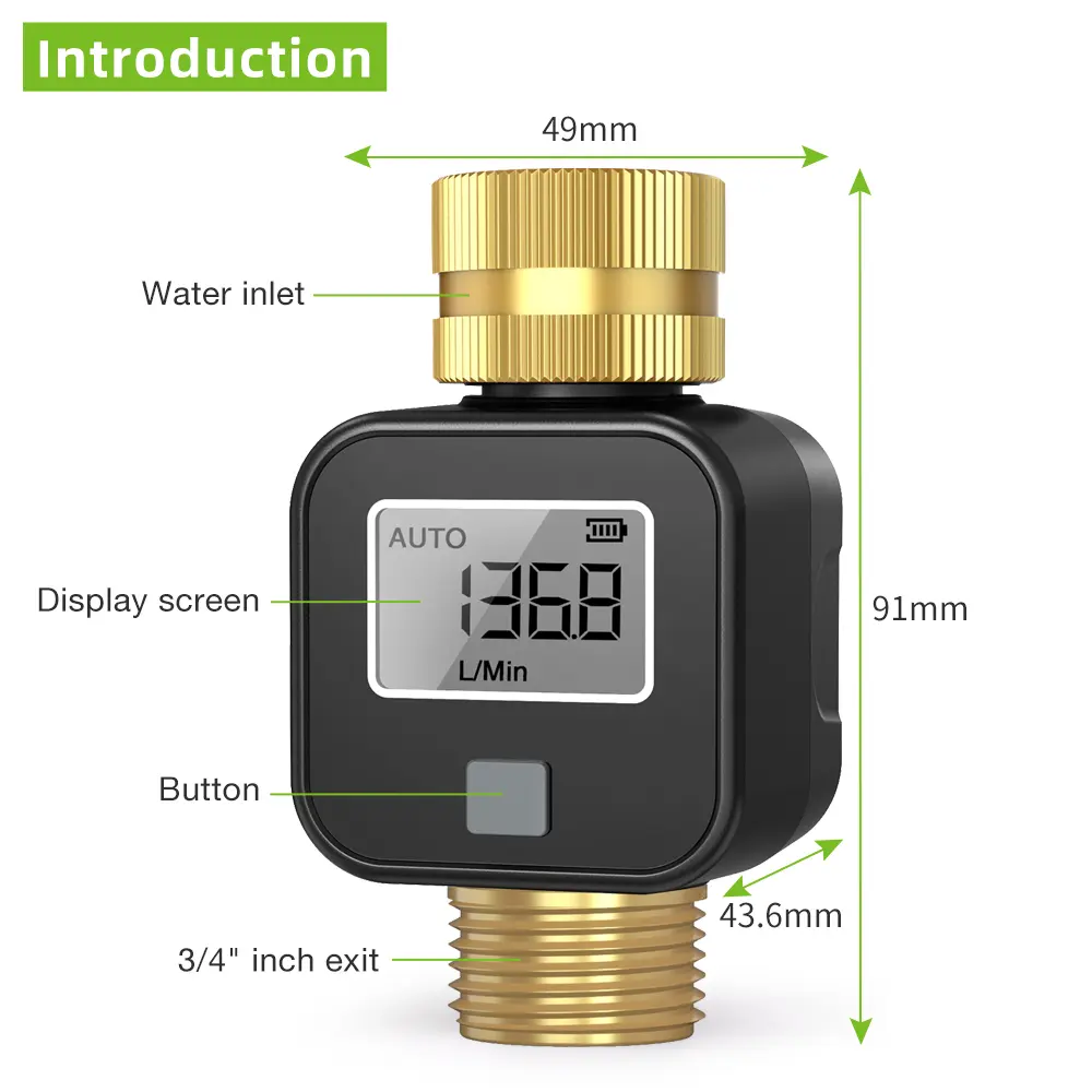 Digital Water Flow Meter Brass Inlet Outlet IPX5 Waterproof Water Consumption Test for Outdoor Garden Watering Irrigation Hose