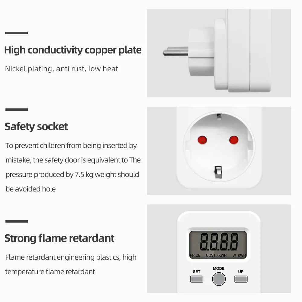 Digital Energy Meter Wattmeter Power Consumption Voltage Monitor Electricity Test Socket Analyzer 230V 16A EU UK US BR FR Plug