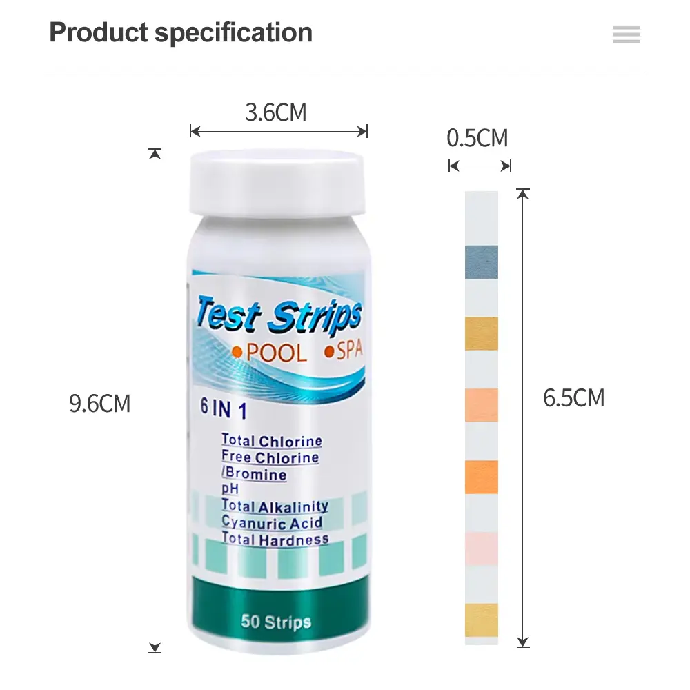50pcs 6 in 1 Chlorine PH Test Strips Swimming Pool Spa Water Test Paper Hardness Chlorine Alkalinity PH Cyanuric Bromine Detect