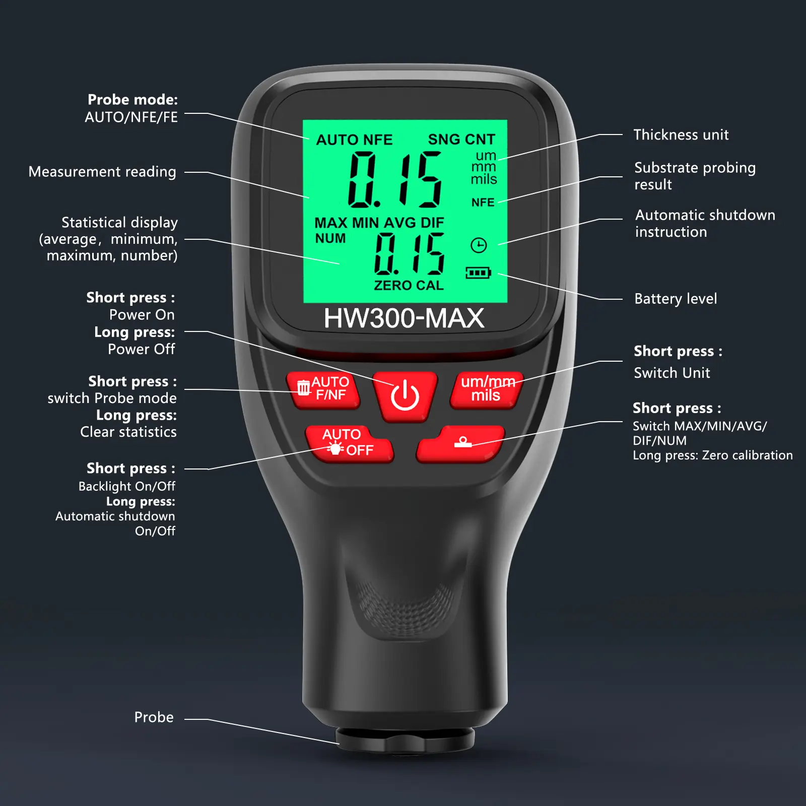 HW300-MAX Car Coating Thickness Gauge 0.1micron/0-2000um Car Paint Film Thickness Tester Measuring Tool Fe & NFe Coating Meter