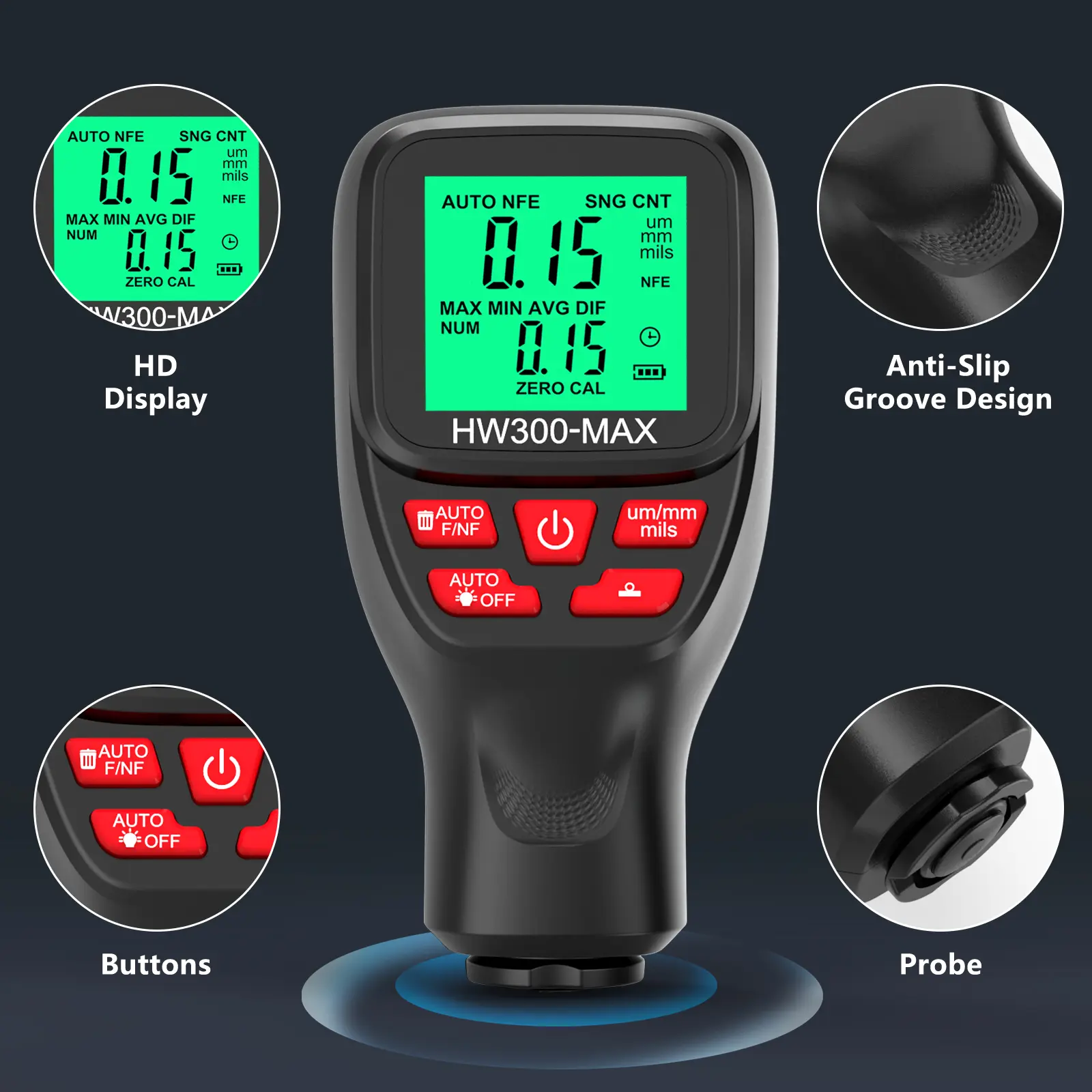 HW300-MAX Car Coating Thickness Gauge 0.1micron/0-2000um Car Paint Film Thickness Tester Measuring Tool Fe & NFe Coating Meter