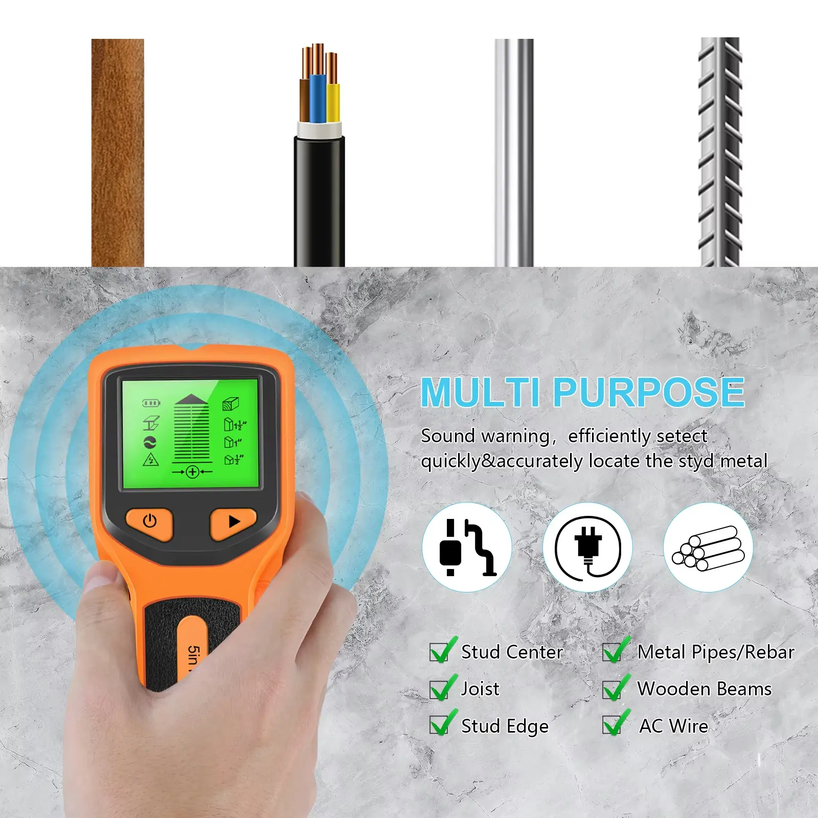 5 in 1 Professional Wall Stud Detector Handheld Wood AC Wire Cable Metal Detector Electric Wall Finder Water Pipe Scanner