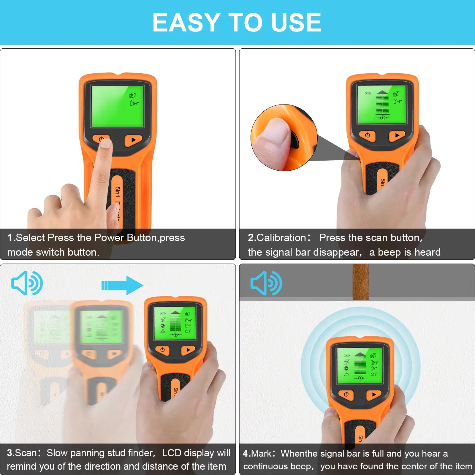 5 in 1 Professional Wall Stud Detector Handheld Wood AC Wire Cable Metal Detector Electric Wall Finder Water Pipe Scanner