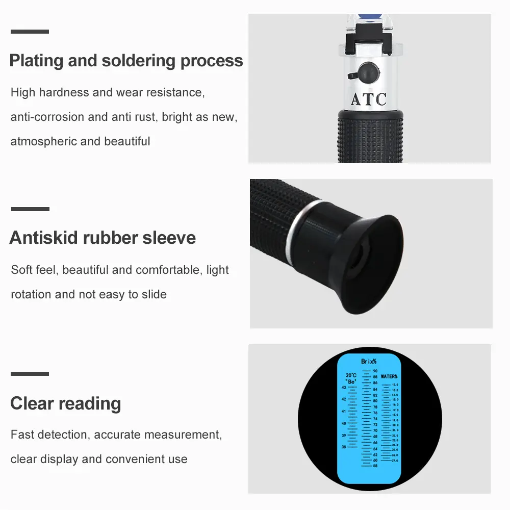 3-in-1 Handheld Honey Refractometer Brix 58-90% Sugar Content Meter ATC With Box for Honey Moisture, Brix and Baume