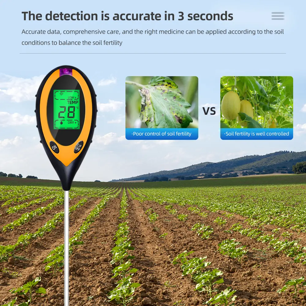 Professional Soil PH Meter 4 In 1 LCD Display Temperature Solar Moisture PH Garden Sunlight Tester for Gardening with Backlight