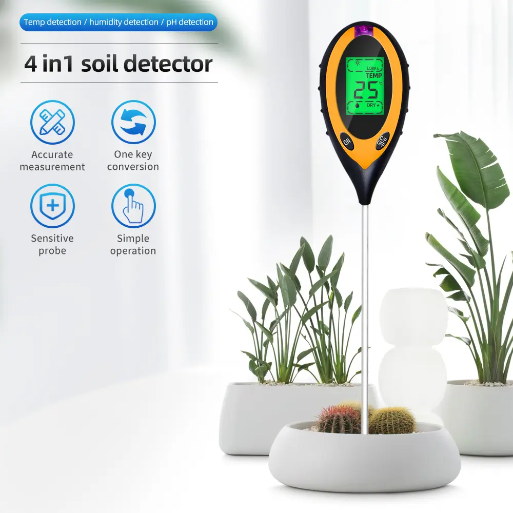 Professional Soil PH Meter 4 In 1 LCD Display Temperature Solar Moisture PH Garden Sunlight Tester for Gardening with Backlight