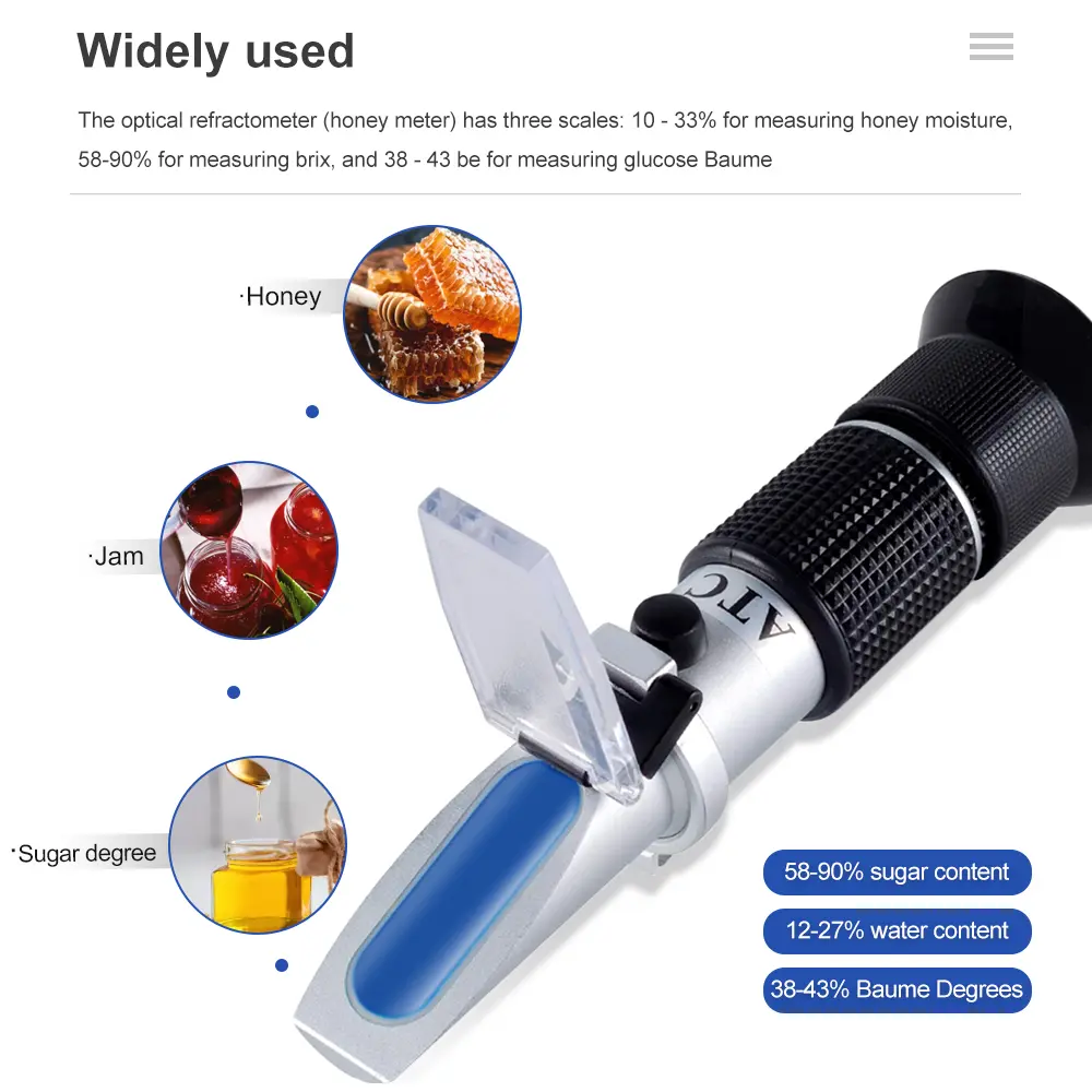3-in-1 Handheld Honey Refractometer Brix 58-90% Sugar Content Meter ATC With Box for Honey Moisture, Brix and Baume