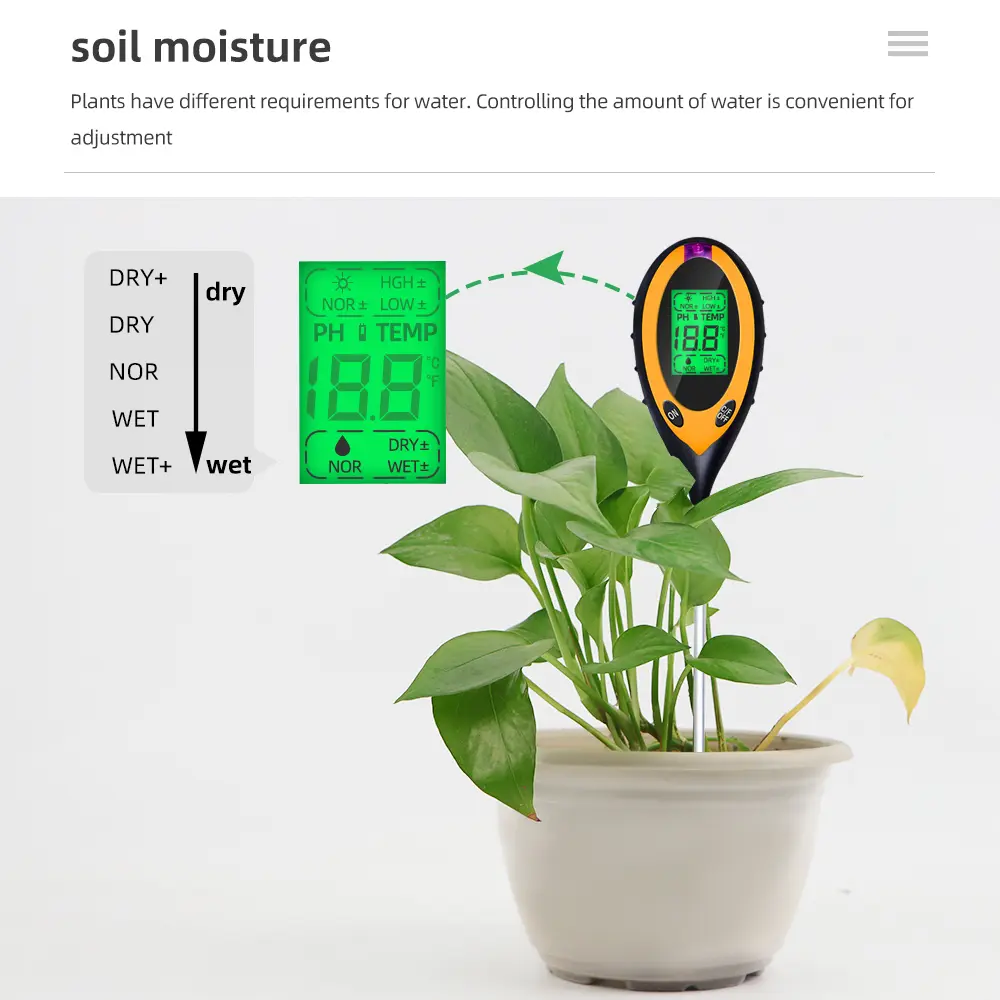 Professional Soil PH Meter 4 In 1 LCD Display Temperature Solar Moisture PH Garden Sunlight Tester for Gardening with Backlight