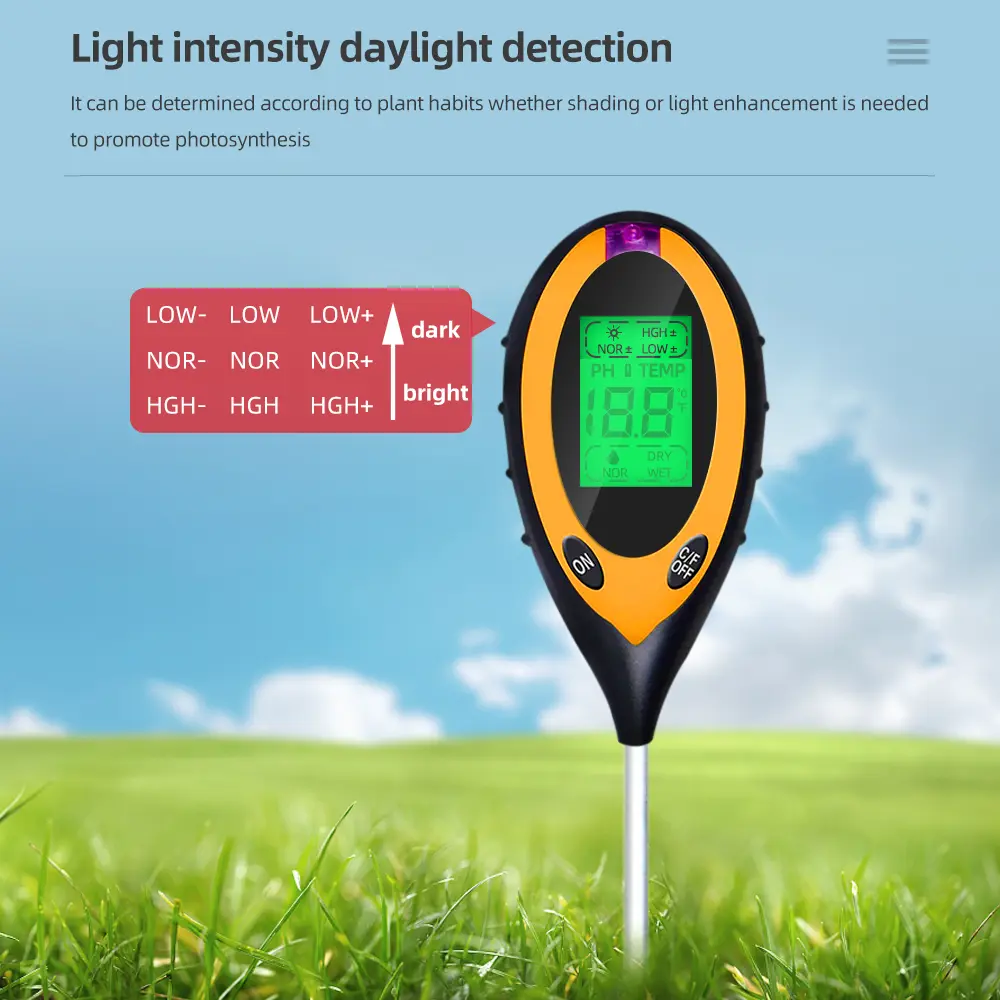 Professional Soil PH Meter 4 In 1 LCD Display Temperature Solar Moisture PH Garden Sunlight Tester for Gardening with Backlight