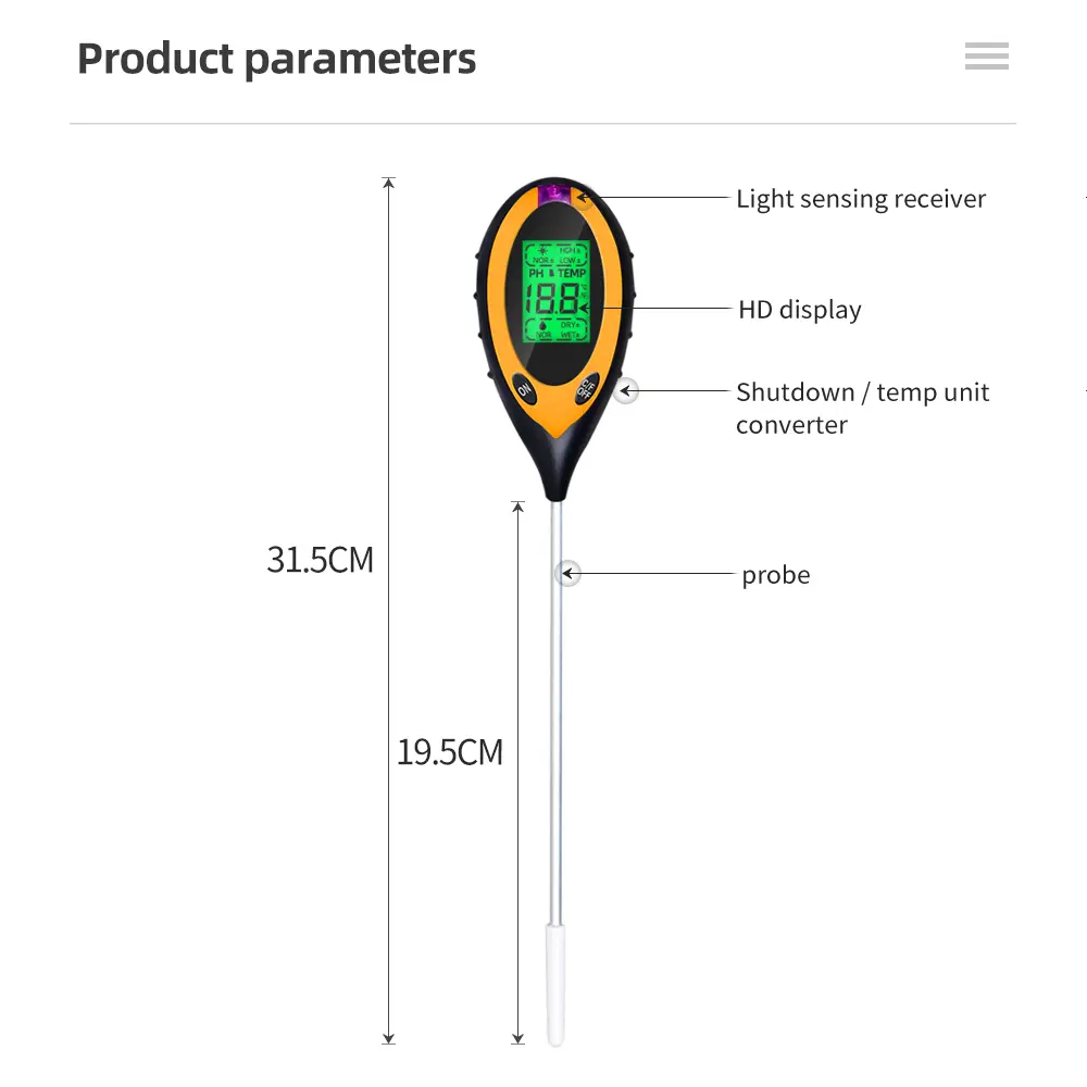 Professional Soil PH Meter 4 In 1 LCD Display Temperature Solar Moisture PH Garden Sunlight Tester for Gardening with Backlight
