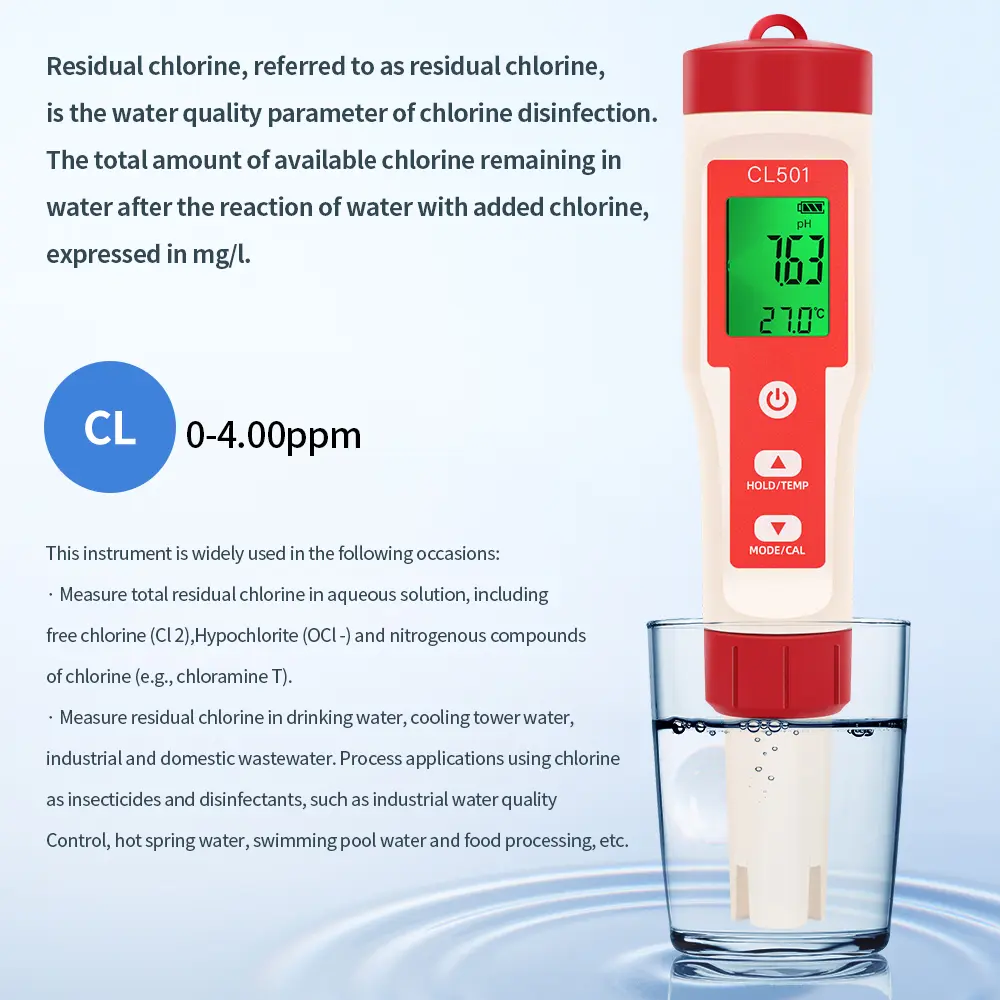 PH/CL2/H2/ORP/Temperature Meter Chlorine Detector Digital 5 In 1 Water Quality Tester for Swimming Pools Drinking Water Aquarium