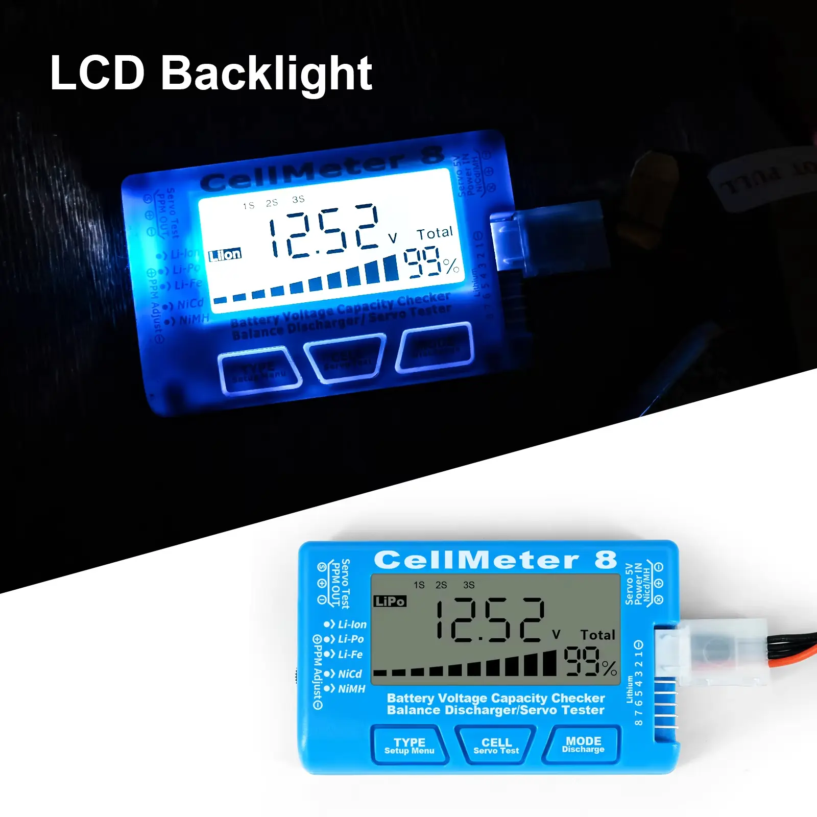 RC CellMeter 8 2-8S 4-8S LiPo Li-lon Battery Tester Battery Capacity Voltage Meter NiMH 8 in 1 Digital Battery Capacity Checker