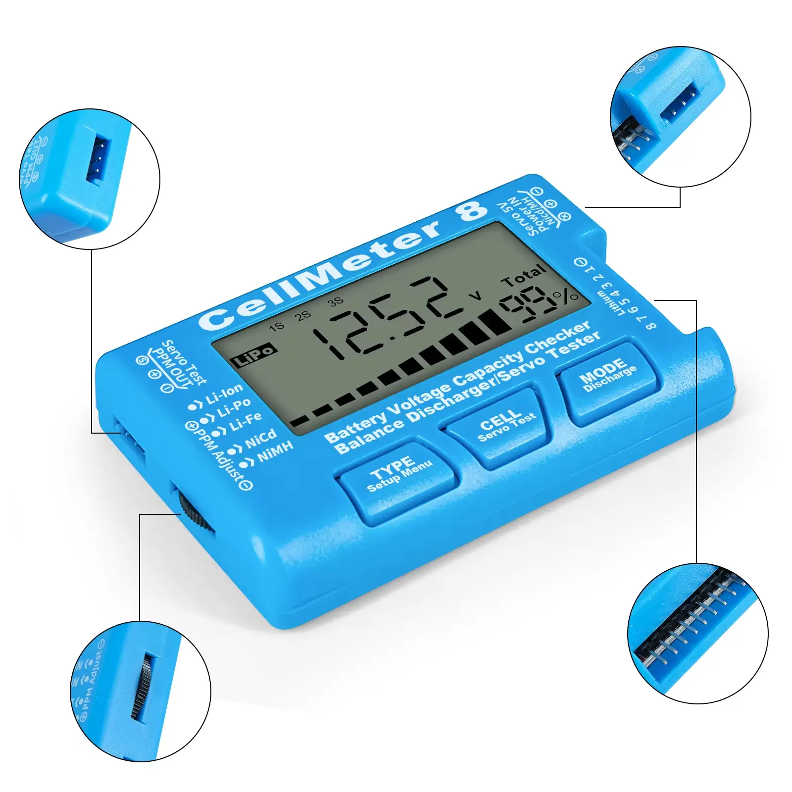 RC CellMeter 8 2-8S 4-8S LiPo Li-lon Battery Tester Battery Capacity Voltage Meter NiMH 8 in 1 Digital Battery Capacity Checker