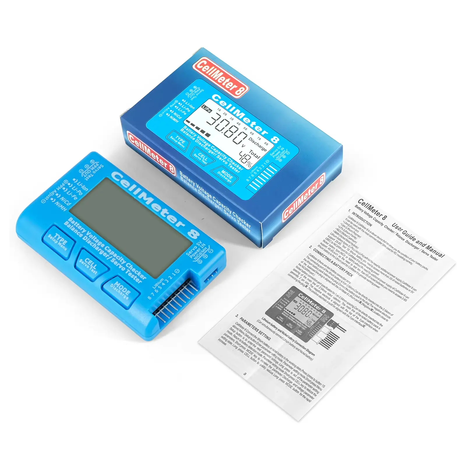 RC CellMeter 8 2-8S 4-8S LiPo Li-lon Battery Tester Battery Capacity Voltage Meter NiMH 8 in 1 Digital Battery Capacity Checker