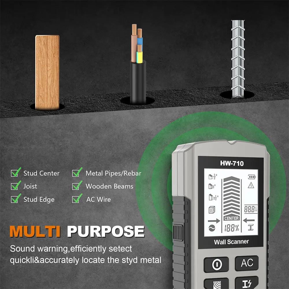 HW-710 Multi-functional Stud Finder Wall Scanner Metal Wood AC Cable Wires Depth Tracker Wall Metal Detector Electric Box Finder