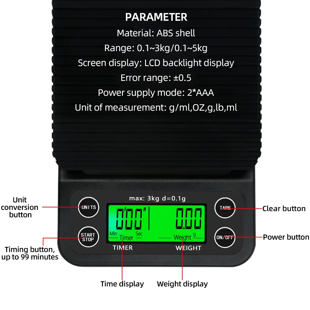 High Precision LCD Electronic Scales 3kg/0.1g 5kg/0.1g Drip Coffee Scale With Timer Portable Electronic Digital Kitchen Scale