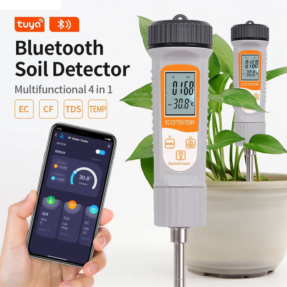 4-in-1 Bluetooth Soil Tester EC TDS CF Temp Detector High Accuracy Smart APP Control Conductivity Meter for Gardening Farming