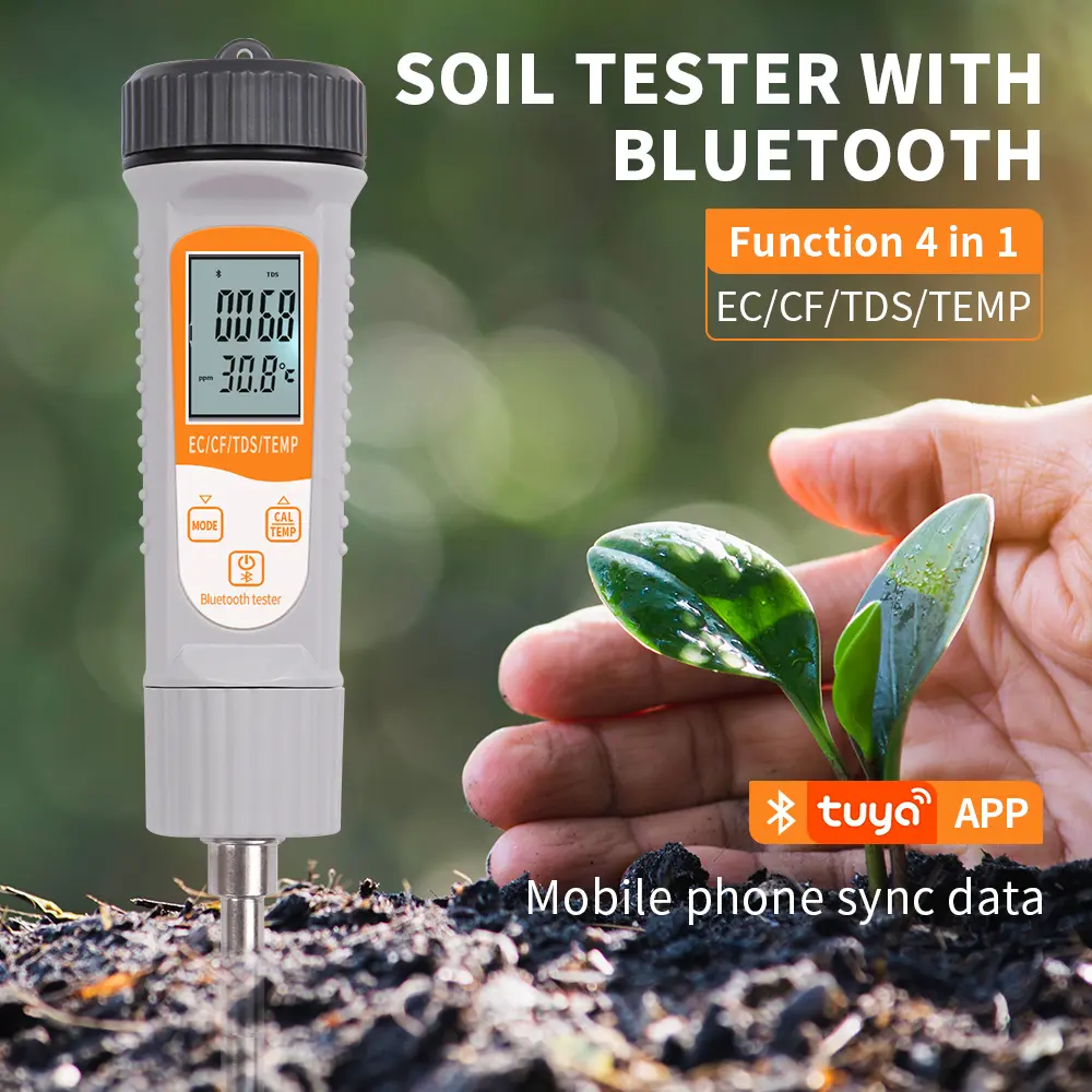 4-in-1 Bluetooth Soil Tester EC TDS CF Temp Detector High Accuracy Smart APP Control Conductivity Meter for Gardening Farming