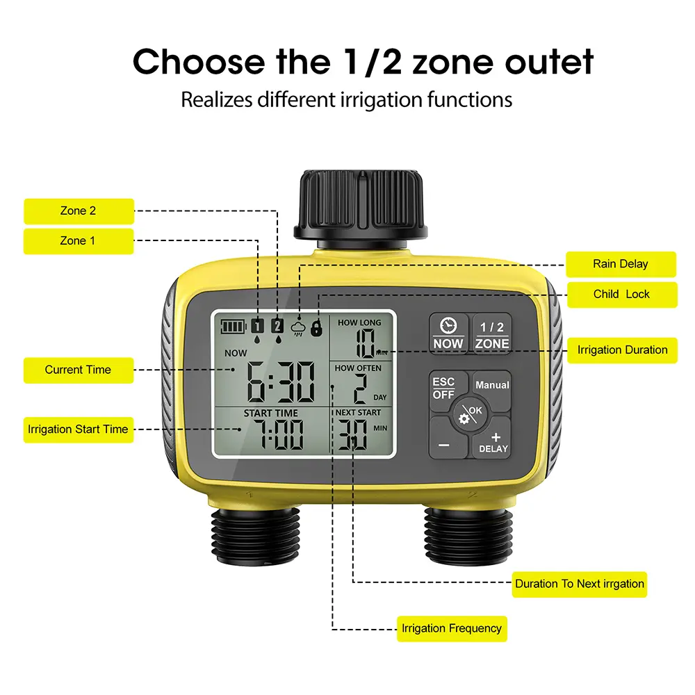 2-ZONE Digital Water Timer Automatic Irrigation Controller Garden Flower Plants Watering Device Programmable Timed Sprinkler