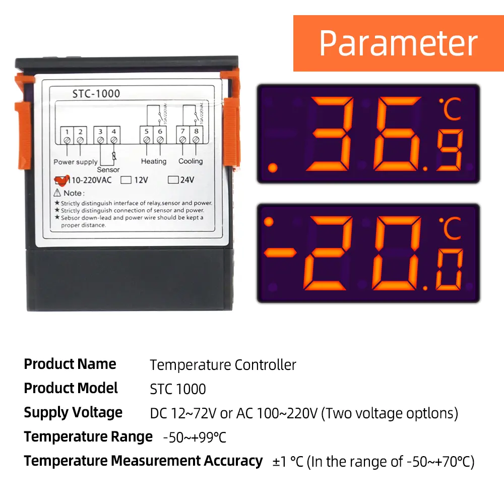 STC-1000 Digital Temperature Controller Thermostat Heating Cooling 2 Relays Output with NTC Sensor Probe 12v 24v 110-220v
